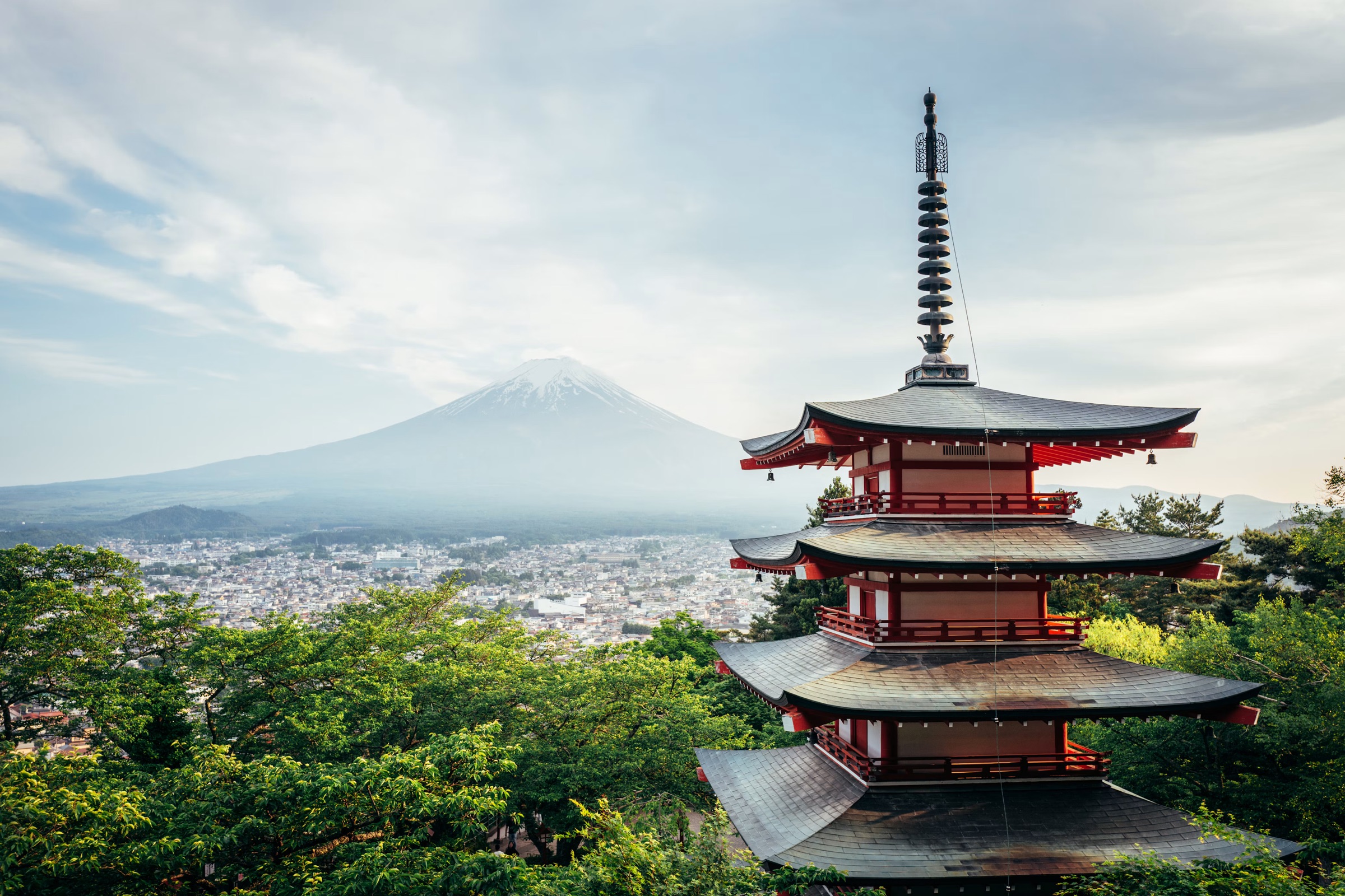 The five-storey pagoda above the town, with Mount Fuji behind